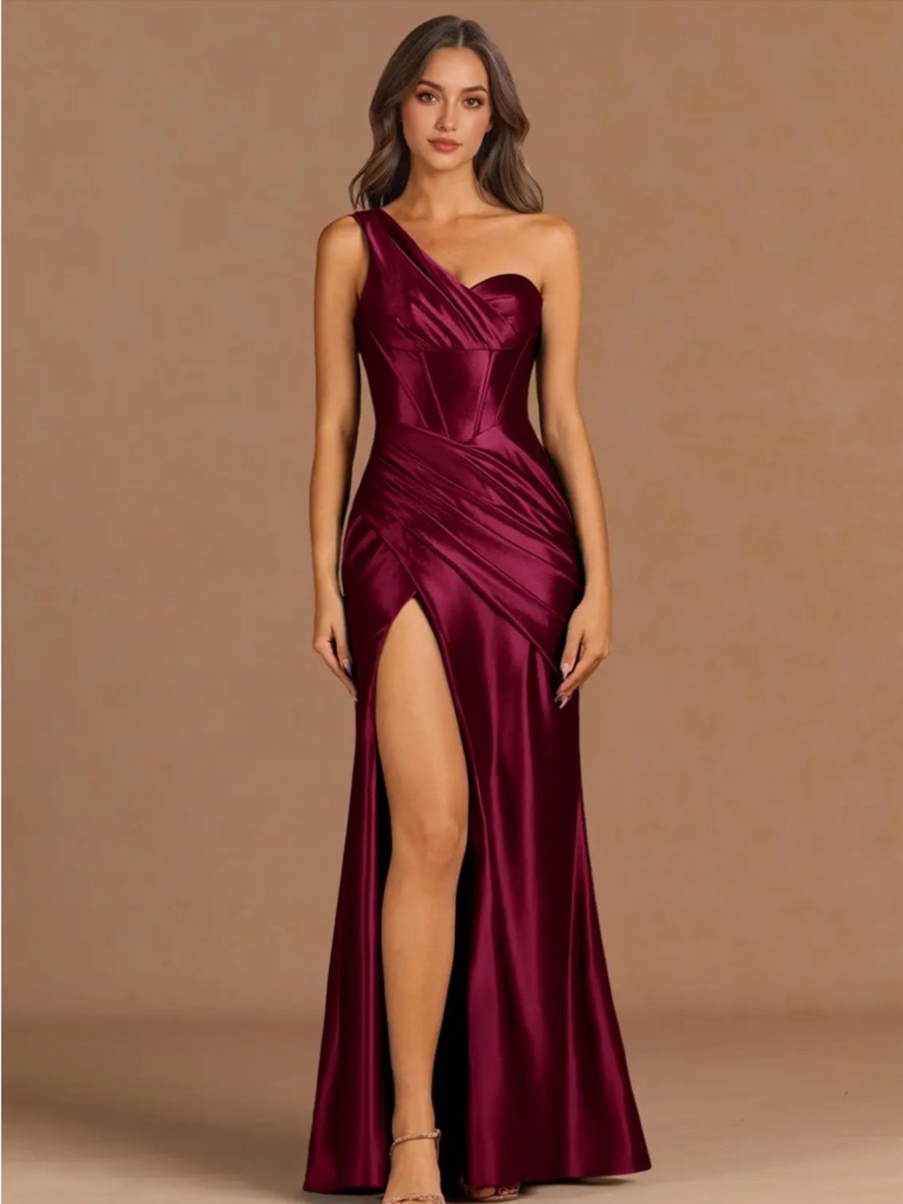 Azazie One-Shoulder Burgundy Satin Evening Dress